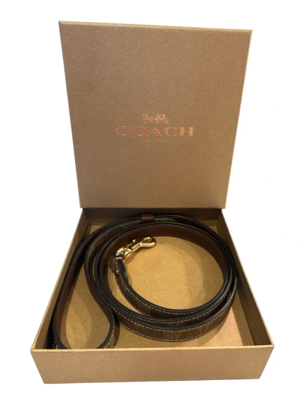 Coach Boxed Pet Leash in Signature Brown Canvas with Gold Hardware